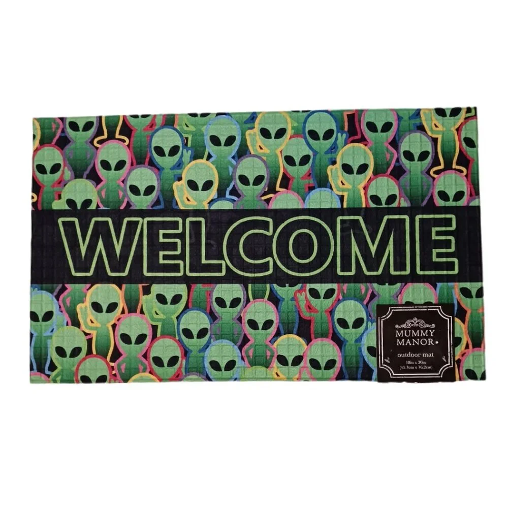 Alien Welcome Outdoor Mat 18'' x 30'' Rubber Back Mummy Manor Halloween Decor